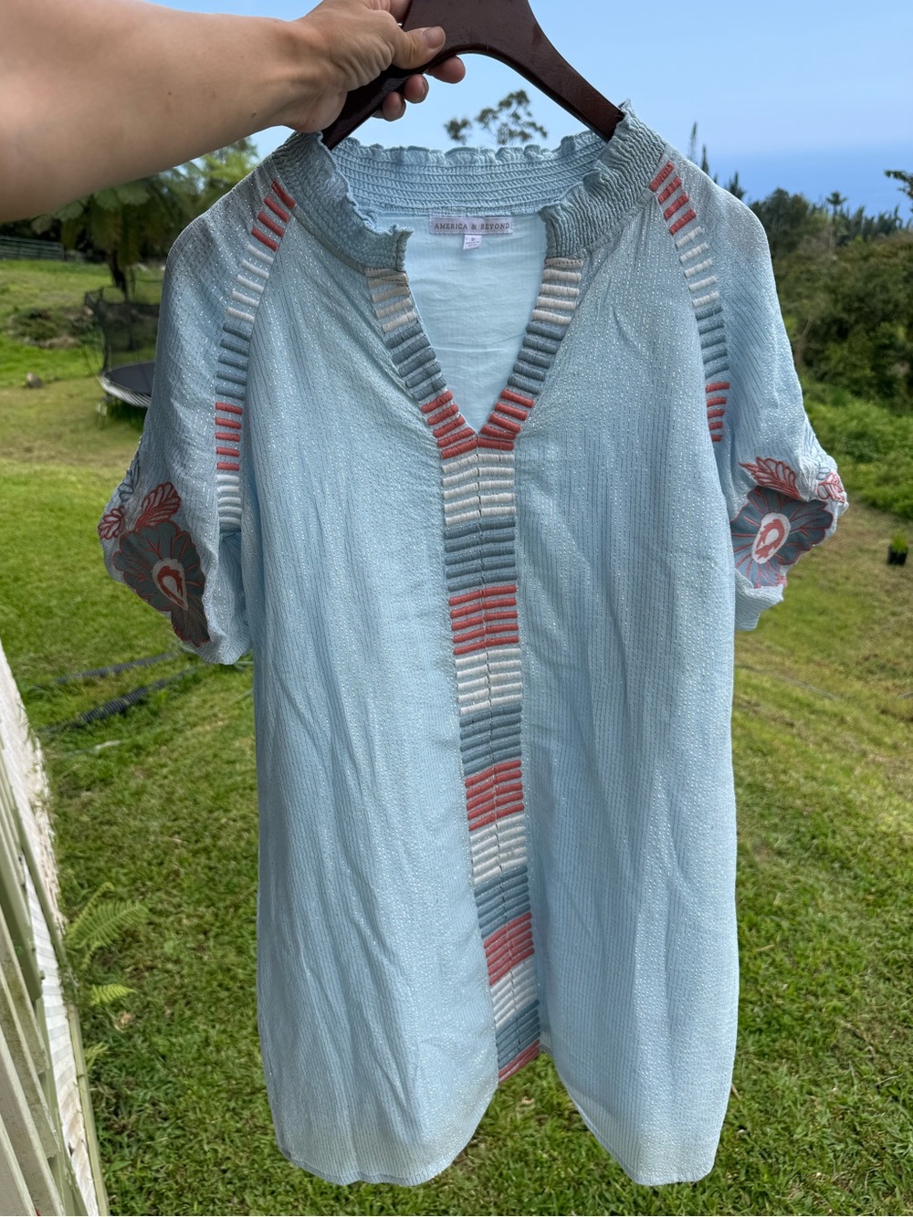 Light Blue Embroidered dress with Coral & Gray Accents